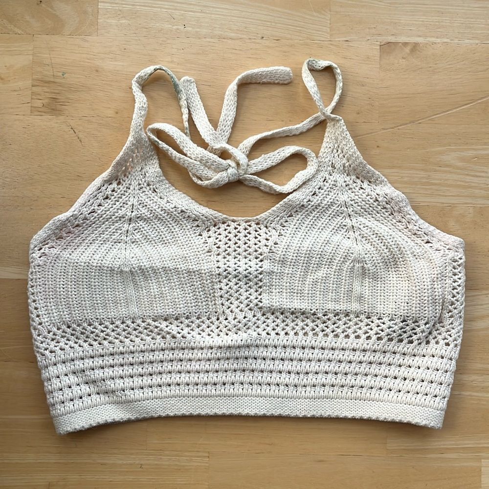 Aerie Cream White Halter Crochet Cropped Strappy Tank Top Boho Bralette size XS